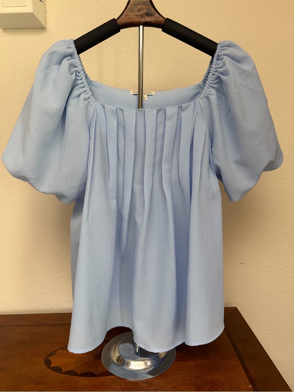 She + Sky Light Blue Puff Sleeve Square Neck Blouse